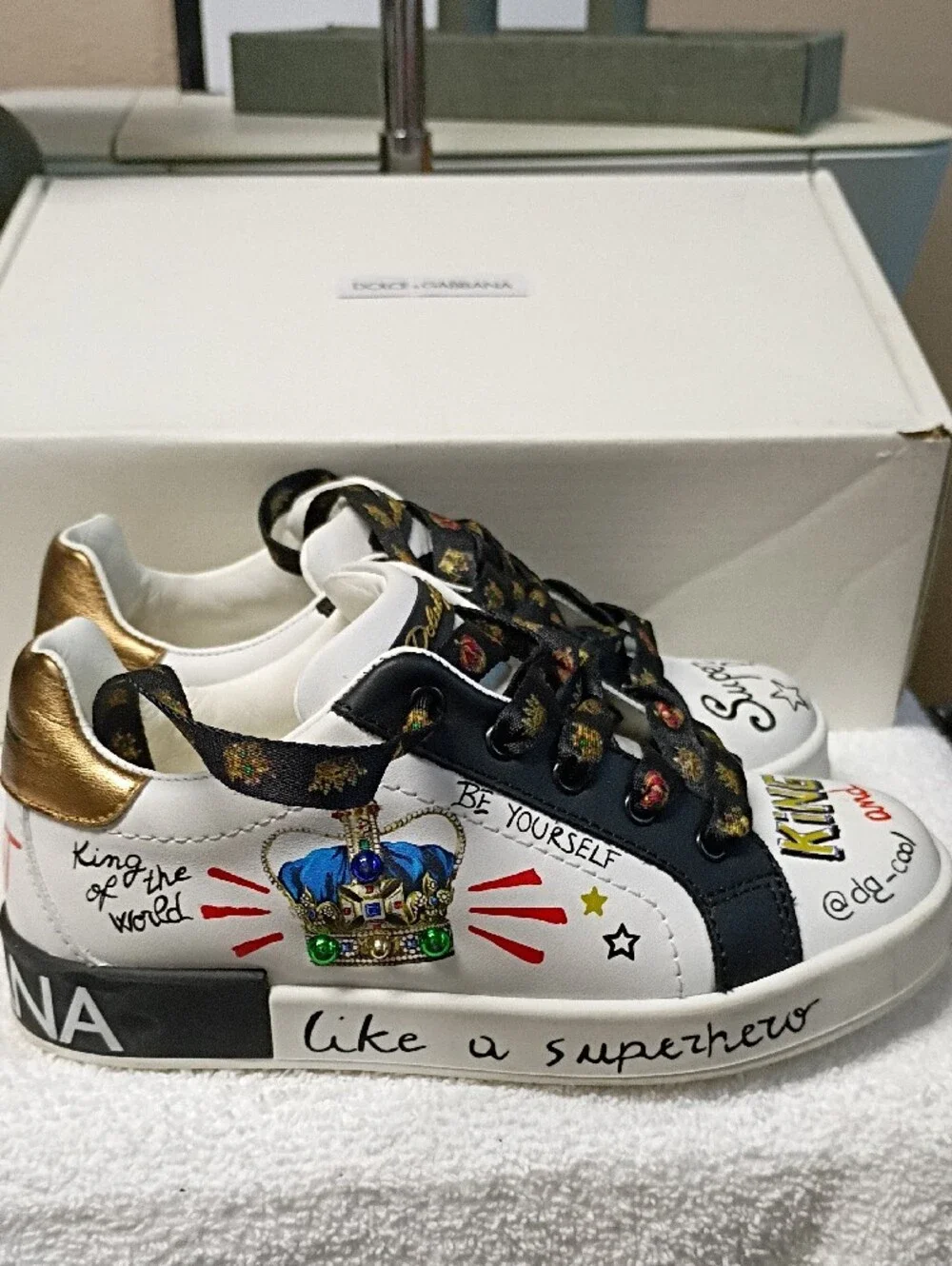 Dolce & Gabbana Kids White Sneakers with Black & Gold Accents
